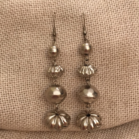 Long Boho Chic 4 Bead Drop Earrings Silvertone - Picture 2 of 8